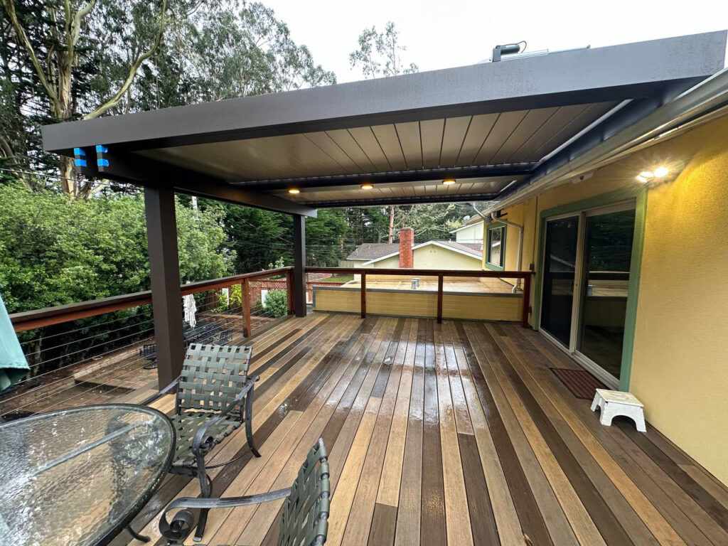 shade-structure-stone-patio South Bay Area patio with custom-built shade structure and stone flooring
